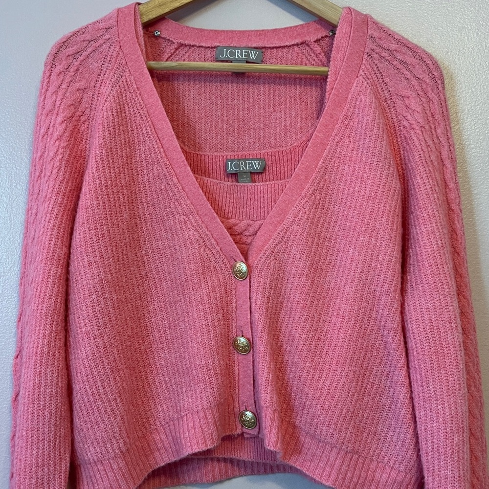 J Crew Supersoft Cropped Cable Knit Sweater Cardigan Tank Set Wool Pink Medium - Picture 4 of 16